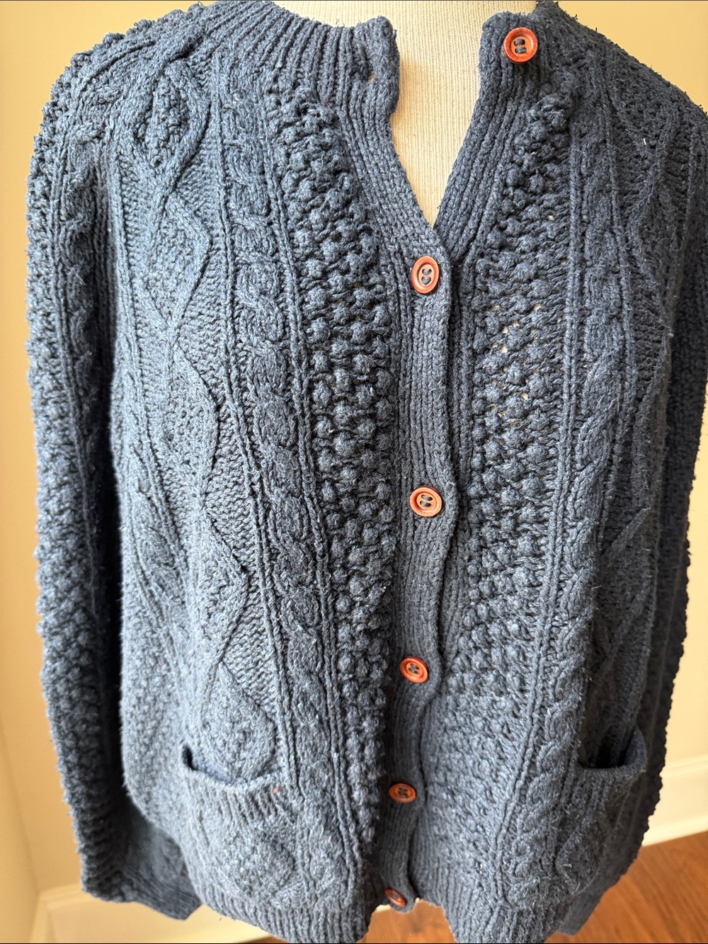 Orvis Blue Aran Cable-Knit Cardigan with Brown Buttons